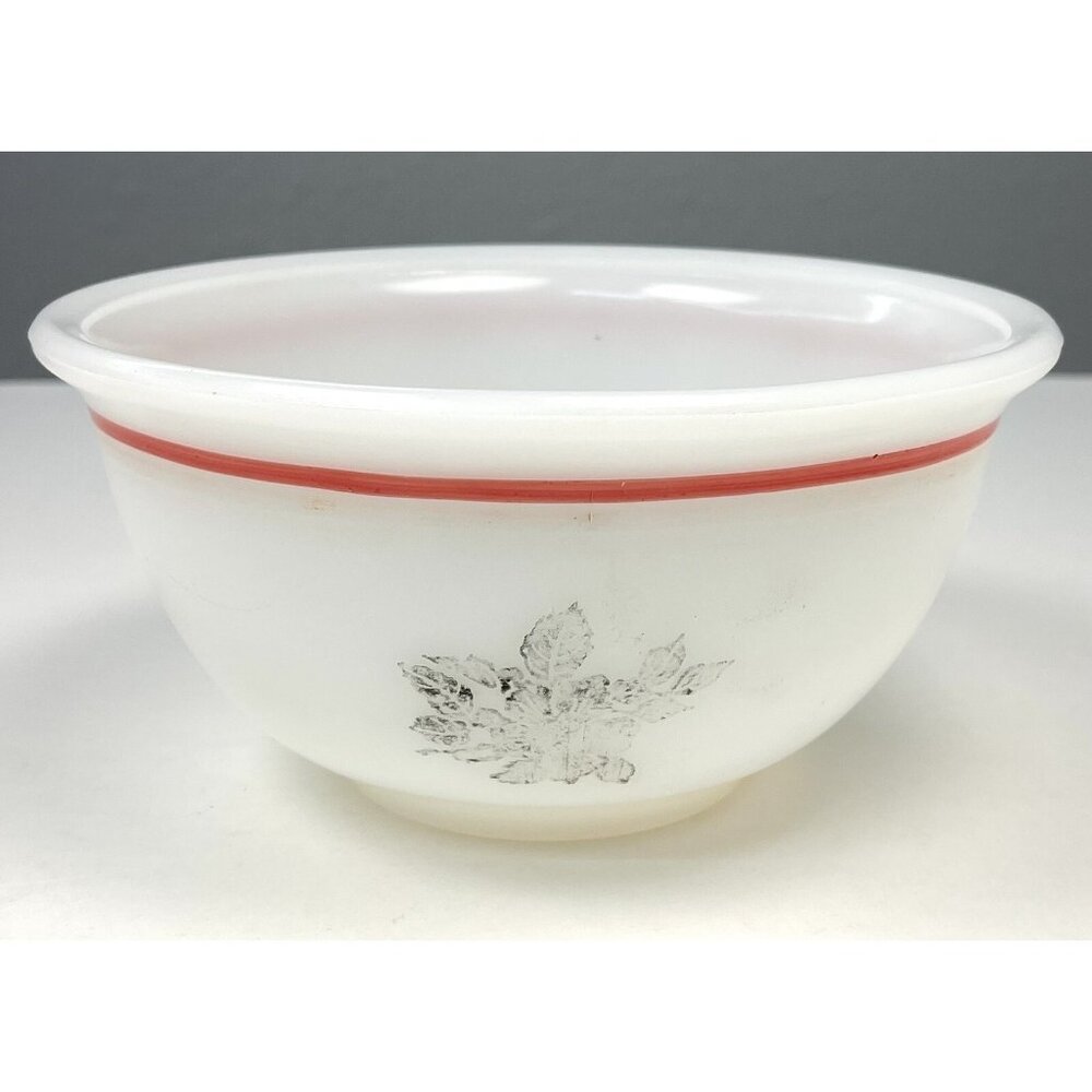 VTG 7" White Opalescent Milk Glass Mixing Bowl Red Rim & Flower (Faded)